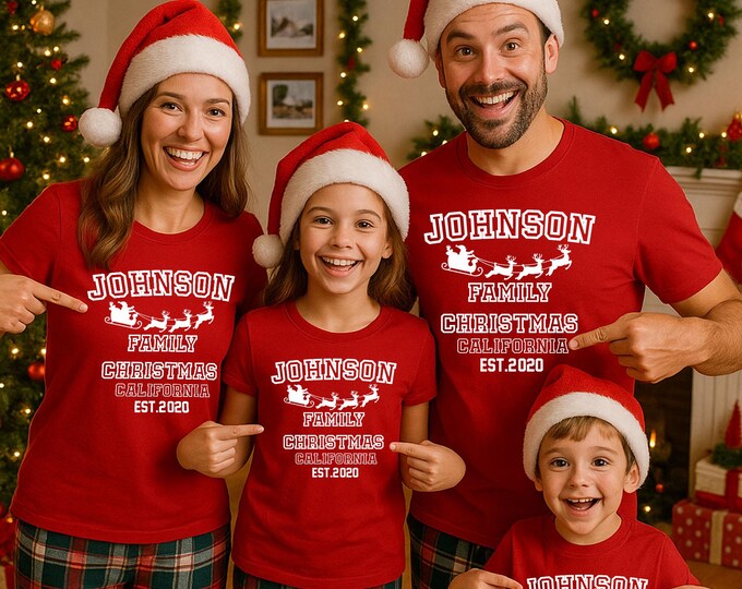 Custom Family Christmas Shirts & Sweatshirts – Add Last Name, EST Year – Matching Holiday Pajama Tops – Personalized Xmas Family Outfits