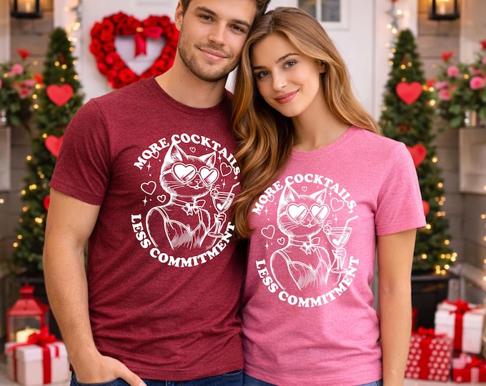 More Cocktails Less Commitment T-Shirt, Funny Valentine Cat Shirt, Drinking Humor Graphic Tee, Unisex Cotton TShirt