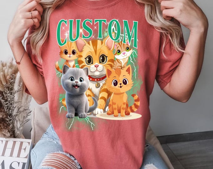 Custom Bootleg Cat Shirt with Photo & Text – Comfort Colors Pet Shirt – Y2K Retro Cat T-Shirt – Funny Cat Mom Gift – Personalized Pet Tee
