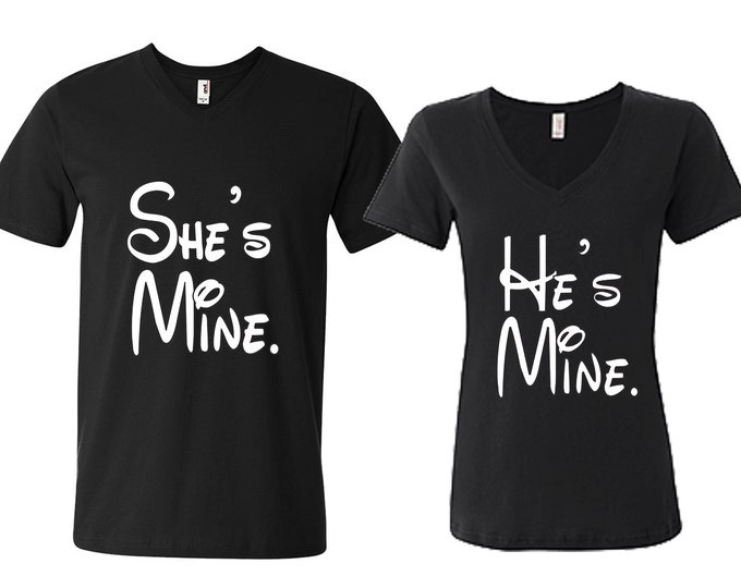 She is Mine He is Mine Cartoon LETTER Couple VNECK Tshirt Cartoon Couple V-Neck Tee Shirt Fun Matching Couple Vneck T-Shirts  (Black-Black)