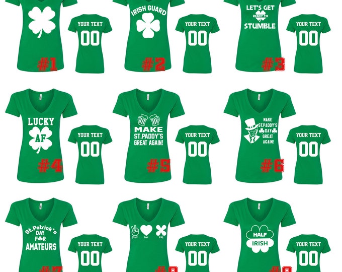 Customized St Patrick's Day Tees LADY VNECK Irish Drinking Party Clover Shamrock St Paddy's Party Tee Shirts Name Number Personalized Tee