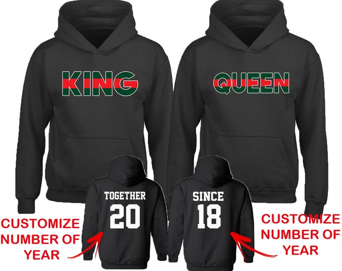King Queen RED GREEN Couple Matching HOODIES Together Since Back Side Date Numbers Front Back Matching Couple Sweatshirts