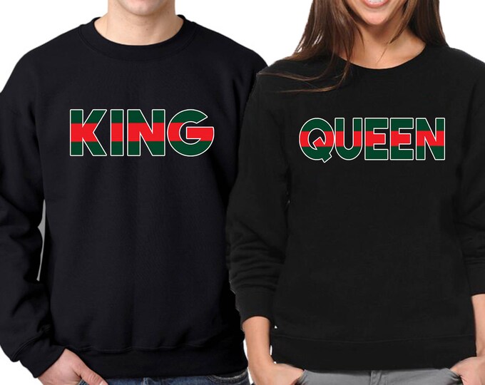 King Queen Sweatshirt CREWNECK GREEN RED Line Fashion Style Couple Crewneck Sweatshirt