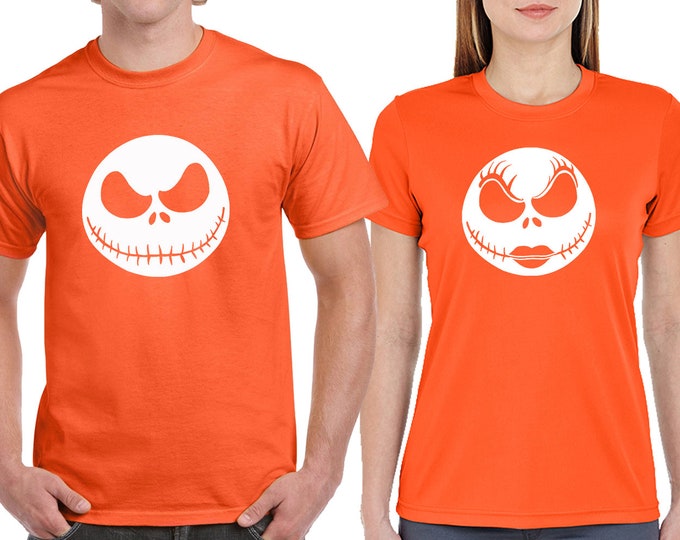Halloween Couple Tshirt JACK SALLY White Face Halloween Party Funny Couple Matching Tee Shirts - Orange - Orange