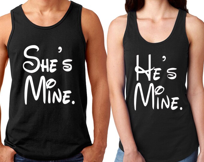 She is Mine He is Mine Cartoon LETTER Couple Tank Top Cartoon Couple Tank Top Super Fun Matching Couple Tank Top