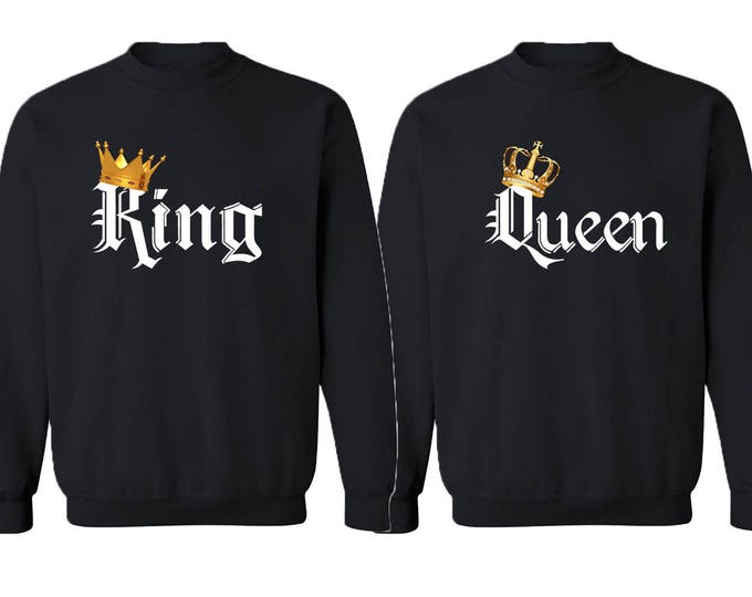 King Queen Sweatshirt CREWNECK COLOR Gold Crown White Font Best Matching Love Couple