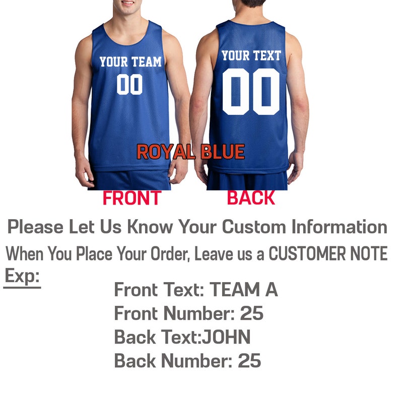 Pode incluir: Uma camisa de basquete azul royal com texto e n&uacute;meros brancos. A frente da camisa diz "YOUR TEAM" e "00". As costas da camisa dizem "YOUR TEXT" e "00".