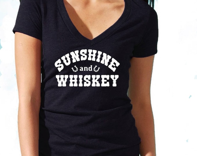 Sunshine And Whiskey Women's V-NECK TSHIRT WHITE Logo Country Girl Music Southern Tee