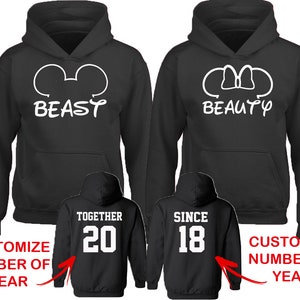 Beast Beauty MOUSE EARS Couple Matching HOODIES Together Since Back Side Date Numbers Front Back Matching Couple Sweatshirts