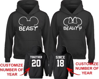 Beast Beauty MOUSE EARS Couple Matching HOODIES Together Since Back Side Date Numbers Front Back Matching Couple Sweatshirts