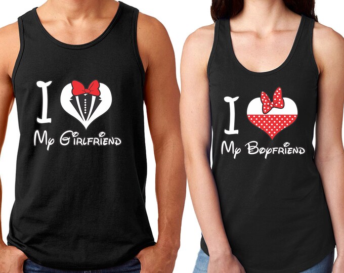 I Love My Girlfriend Boyfriend HEART Couple Tank Top Matching Tank Top Cartoon Style Heart Design Tank Top