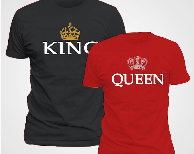 KING QUEEN Couple TSHIRT Special Design Gold Silver Crown Color Couple Tshirt Black-Red