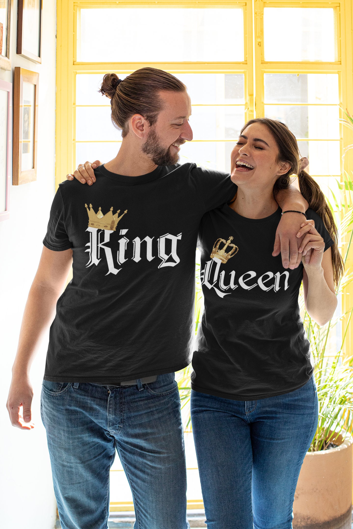 King Queen TSHIRT COLOR Gold Crown White Font Best Matching Love Couple Tee  -  Israel