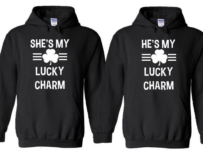 He She Is My Lucky Charm Couple HOODIE St PATRICKS Day Clover Sweatshirt Shamrock Clover Party Drinking Couple BLACK-Black