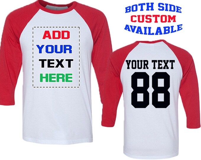 BASEBALL Custom Shirts Front & Back Add Your Text BELLA 3/4 Sleeve Baseball Shirt Raglan Jersey Personalized Shirt