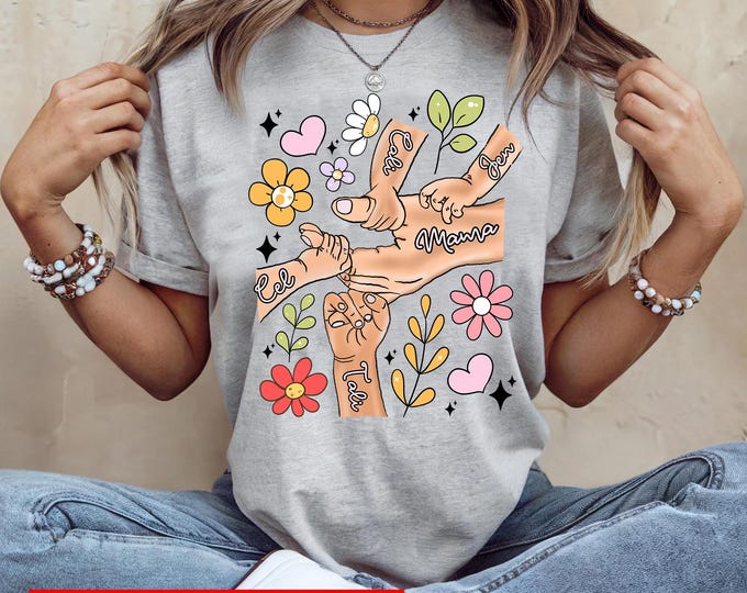 Custom Mother’s Day Shirt – Hands Holding Mom Kids T-Shirt – Personalized Family Names Tee Unisex Mother's Day Gift Custom Hand Drawing Tee
