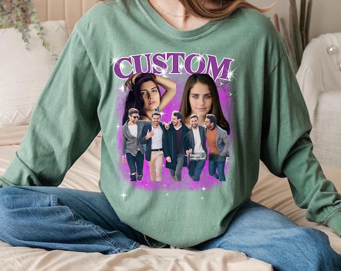 Personalized Retro LONG Sleeves Tee, Comfort Colors Custom Girlfriend Bootleg Long Sleeves Shirt, Boyfriend Photo Long Sleeve Tee 6014