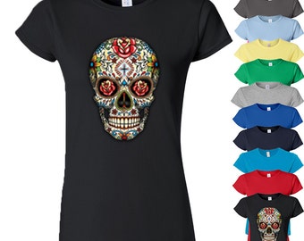 Sugar Skull Lady TSHIRT ROSE EYES Day of Dead Trendy Tee Shirt Skull Shirt