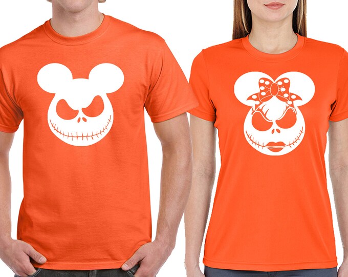 Halloween Couple Tshirt JACK SALLY Mouse Ears Halloween Party Funny Couple Matching Tee Shirts - Orange - Orange