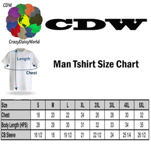 Puede incluir: Una tabla de tallas para camisetas con medidas en pulgadas para el pecho, la longitud del cuerpo y la longitud de la manga. La tabla incluye tallas de la S a la 5XL.