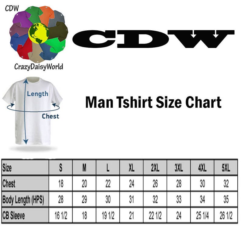 Puede incluir: Una tabla de tallas para camisetas con medidas en pulgadas para el pecho, la longitud del cuerpo y la longitud de la manga. La tabla incluye tallas de la S a la 5XL.