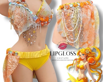 Disfraz de sirena Sunkiss Sunshine amarillo y naranja, disfraz de sirena único, disfraz de Halloween para mujer adulta, sexy bajo el mar.