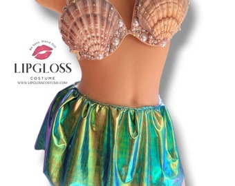 Disfraz clásico de Sirenita Ariel con conchas marinas, sirena de perlas de diamantes de imitación para mujer, doncella marina iridiscente hecha a mano, ninfa del agua