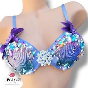 Purple Blue Pink Ombre Rhinestone Shell, Two Tone Mermaid Bra, Rave Bra, Under the Sea, Mermaid Top, Handmade Shell bra