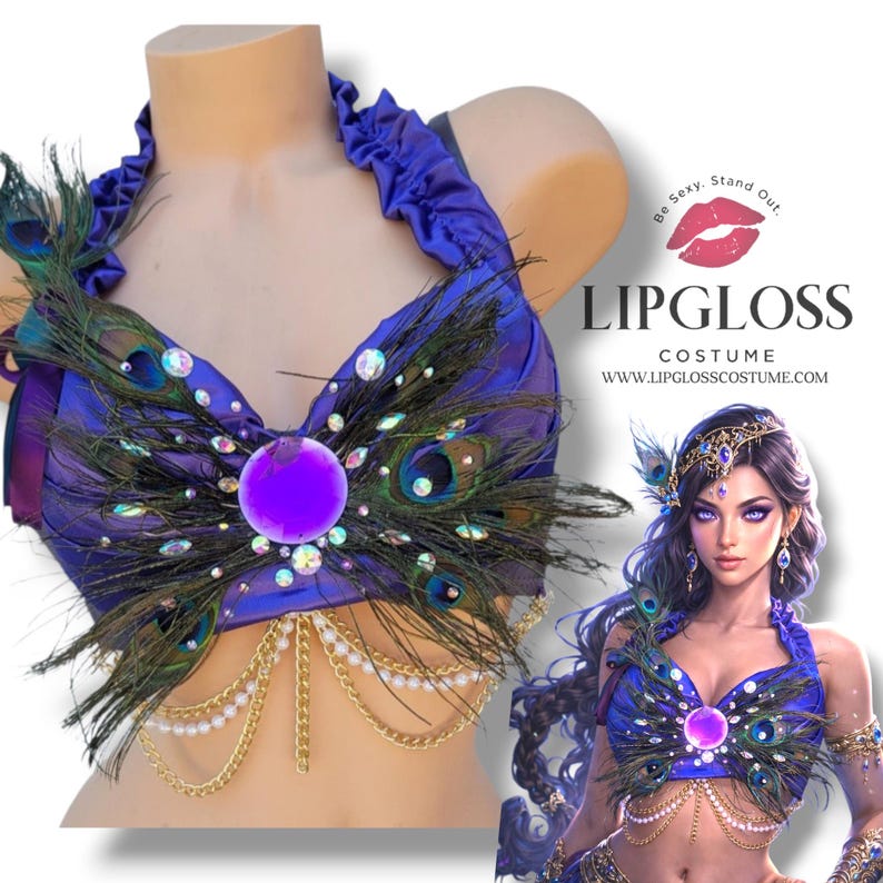 Top de sujetador con plumas de pavo real moradas / Disfraz de festival con pedrería / Sujetador iridiscente para fiesta de Halloween para mujer imagen 1