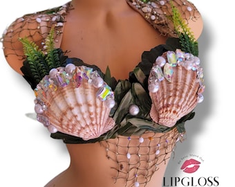 White Cream Earth Sea Shell Mermaid Bra, Mother Nature,Under the Sea, Fishnet Bra Top, Rhinestone Diamond, Photoshoot Costume