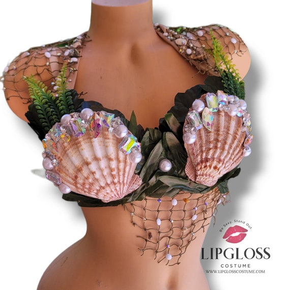 Buy White Cream Earth Sea Shell Mermaid Bra, Mother Nature,under the Sea,  Fishnet Bra Top, Rhinestone Diamond, Photoshoot Costume Online in India 
