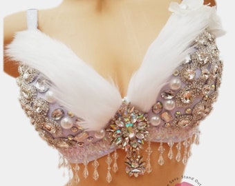 Volpe bianca sexy, coniglio Alice nel paese delle meraviglie, orso polare, paese delle meraviglie invernale, bambino in pelliccia, reggiseno con strass, top rave personalizzato fatto a mano