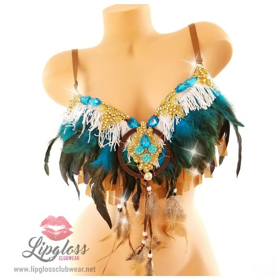 Blue Indian Rave Bra Bohemian Feather Bra Indian Feather Etsy