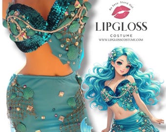 Completo da sirena turchese, abito da rave con conchiglie, set gonna da festival, cosplay fantasy oceanico, costume sexy per feste in spiaggia e Halloween