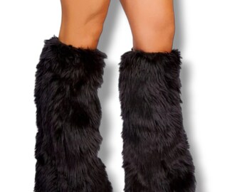 Black Furry Boot Covers Rave Fluffies Fuzzy Leg Warmers Go Go Dance Cosplay Accessories