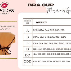 Puede incluir: Un gr&aacute;fico que muestra los tama&ntilde;os de copa de sujetador y los tama&ntilde;os de banda correspondientes. El gr&aacute;fico est&aacute; etiquetado como "Lipgloss Size" y "Your Size". Los tama&ntilde;os de copa de sujetador son A, B, C, D, DD y DDD. Los tama&ntilde;os de banda se enumeran en pulgadas.