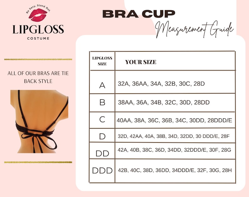 Puede incluir: Un gr&aacute;fico que muestra los tama&ntilde;os de copa de sujetador y los tama&ntilde;os de banda correspondientes. El gr&aacute;fico est&aacute; etiquetado como "Lipgloss Size" y "Your Size". Los tama&ntilde;os de copa de sujetador son A, B, C, D, DD y DDD. Los tama&ntilde;os de banda se enumeran en pulgadas.