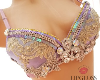 Sexy Lavender Rhinestone Custom bra,  Rave Dance, unique, Shimmer,  Rave Clothing Women, Rave Costume, Festival Wear