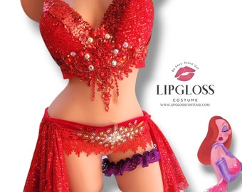 Sexy Jessica Rabbit inspired Costume, Red Seductive Rave outfit, Rave Set, Sparkle Adult Women Festival Outfit, Rave Wear, Unique Costume