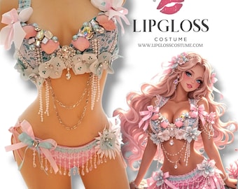 Completo da sirena pastello, outfit da rave coco, top a reggiseno con conchiglie, lingerie per festival delle fate, grazioso costume sexy rosa per feste fantasy di Halloween