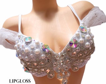 White Rhinestone, Bride, Princess, Ice Queen Custom Diamond Rave Bra, Bachelorette Top