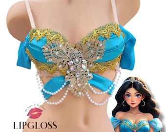 Top de sujetador de princesa árabe, disfraz de fantasía azul verdoso y dorado, top de rave con cadena de perlas, elegante atuendo para festivales, look de lujo para Halloween.