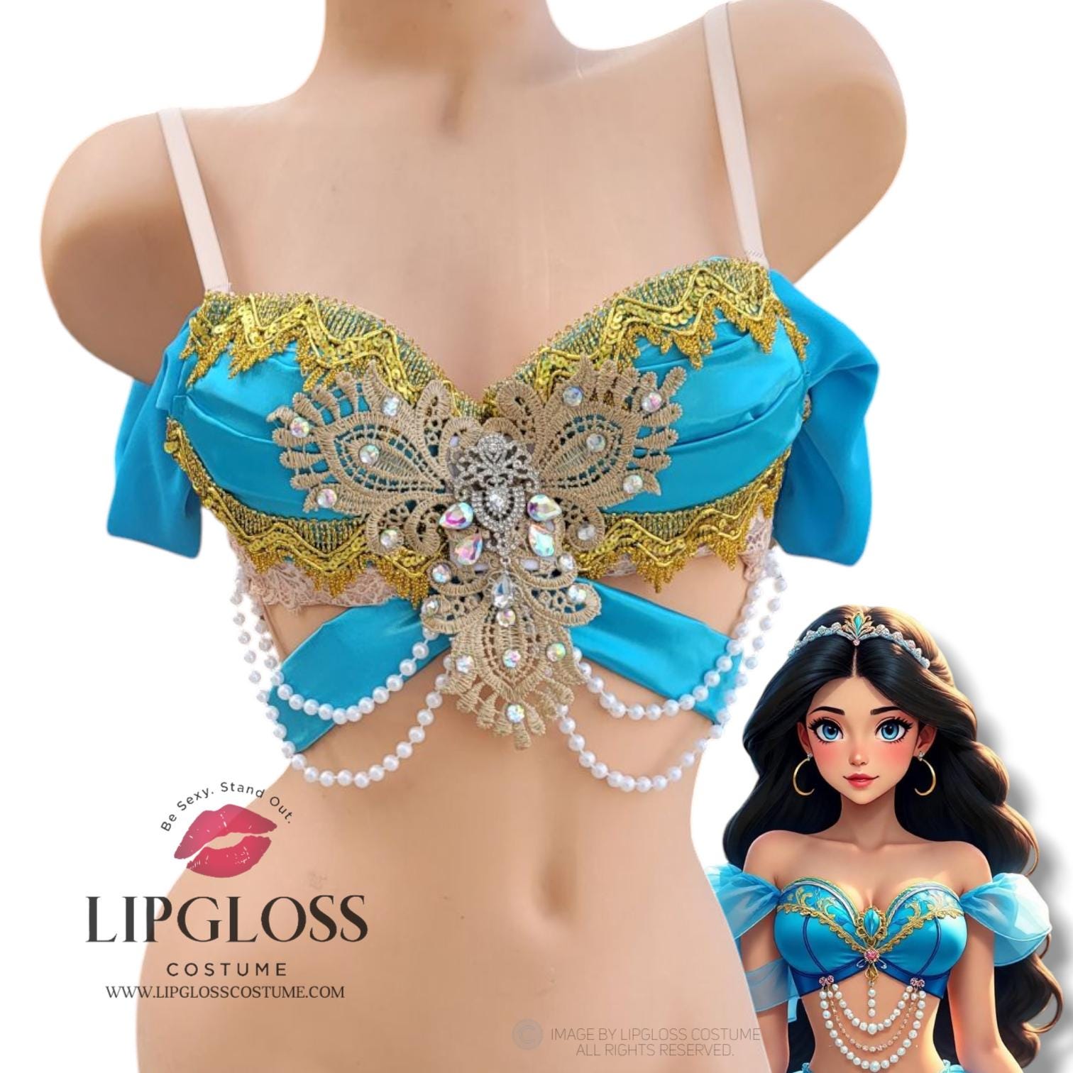 Princess Arabian Bra Top, Teal Gold Fantasy Costume, Pearl Chain Rave Top,  Elegant Festival Outfit, Luxe Halloween Look - Etsy