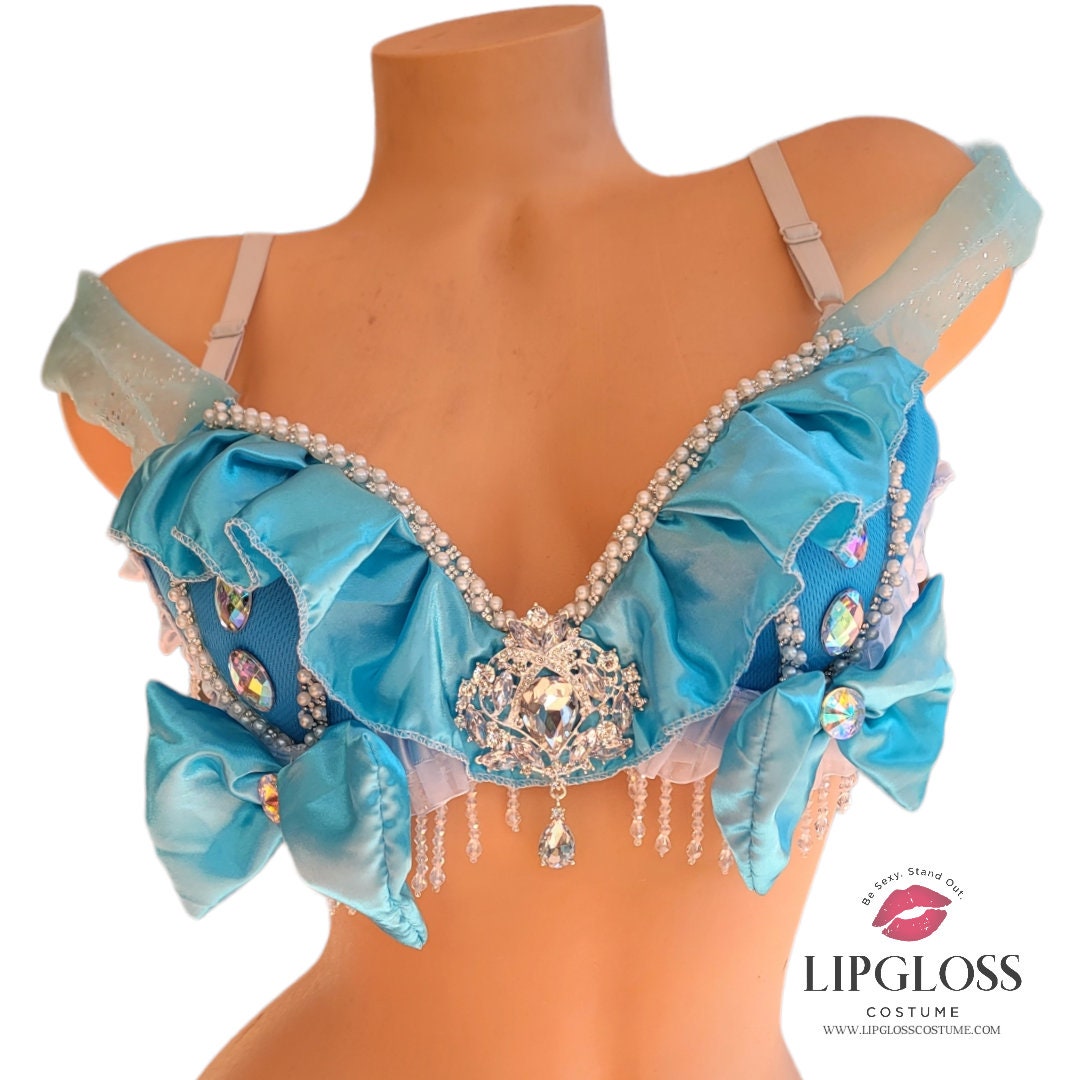 Blue Princess Cindy Rave Bra Top, Fairytale Crystal Pearl Festival Outfit, Storybook Teal Bow Lingerie Top, Fairy Cosplay Bra, Party Costume