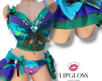 Peacock Rave Costume Set, Festival Outfit Women, EDM Dancewear, Sequin Feather Cosplay, Carnival Costume, Burlesque Performance Fantasy