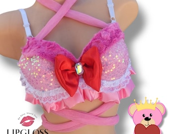 Fuzzy Cute Pink Teddy Bear Bra, Sequin Baby Pink Bow Costume Bra for Raves, Festival, Concert, Halloween, Unique Handmade Custom Top