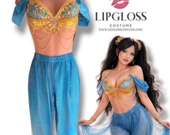 Arabian Princess Costume Set, Jasmine Inspired Rave Outfit, Gold Rhinestone Bra & Blue Harem Pants, Festival Costume, Halloween Cosplay