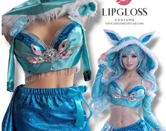 Ice Glace Pokewoman Costume Women | Anime Comicon Teal Sequin Bralette Skirt Set | Crystal Gem Fur Hood Cape | Halloween Cosplay Rave Outfit
