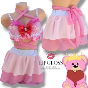 Fuzzy Cute Pink Teddy Bear Bra with High Waist Skirt, Sequin Baby Pink Bow Women Costume  for Raves, Festival, Concert, Halloween, Dance
