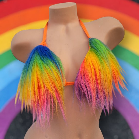 Rainbow Fuzzy Faux Fur Rave Top, Bikini, Clown, Pride Wear, Colorful Ravewear,  LGBTQ top, Halter Triangle tie top, Unisex